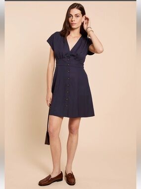 Navy V-Neck Button-Front Cap Sleeve Dress